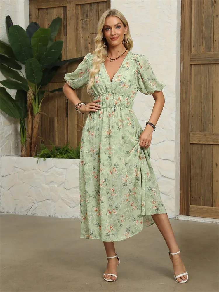 Floral Chiffon Midi Dress with V-Neck - Light and Airy