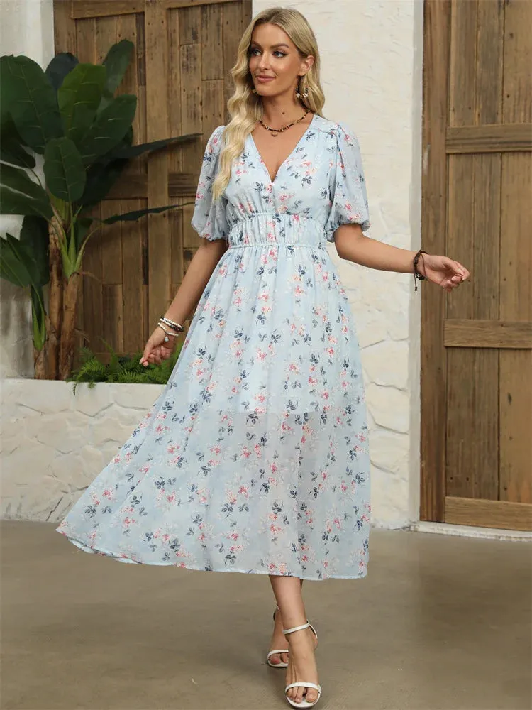Floral Chiffon Midi Dress with V-Neck - Light and Airy