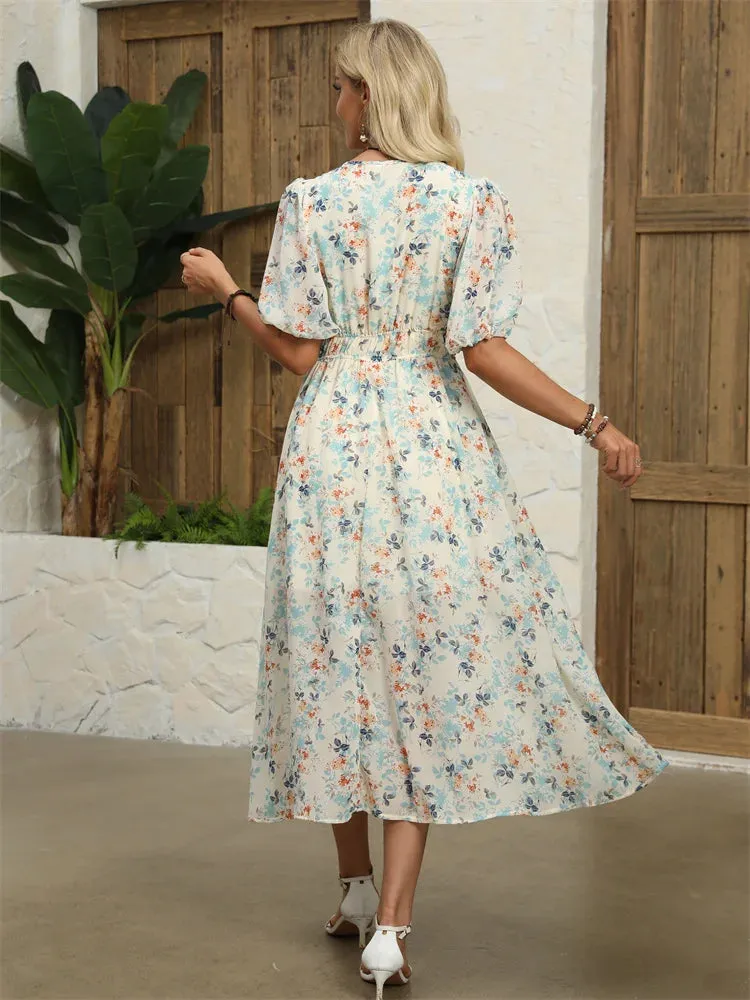 Floral Chiffon Midi Dress with V-Neck - Light and Airy