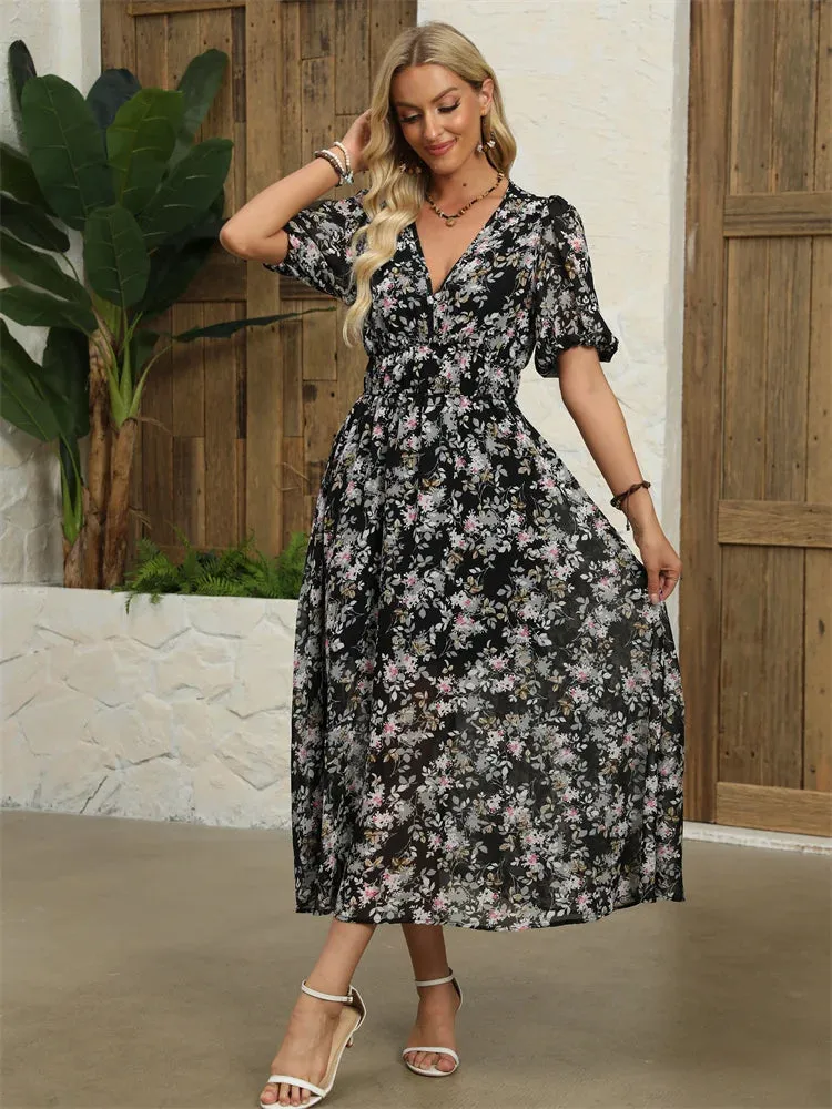 Floral Chiffon Midi Dress with V-Neck - Light and Airy