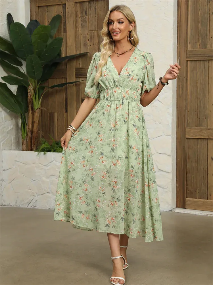 Floral Chiffon Midi Dress with V-Neck - Light and Airy