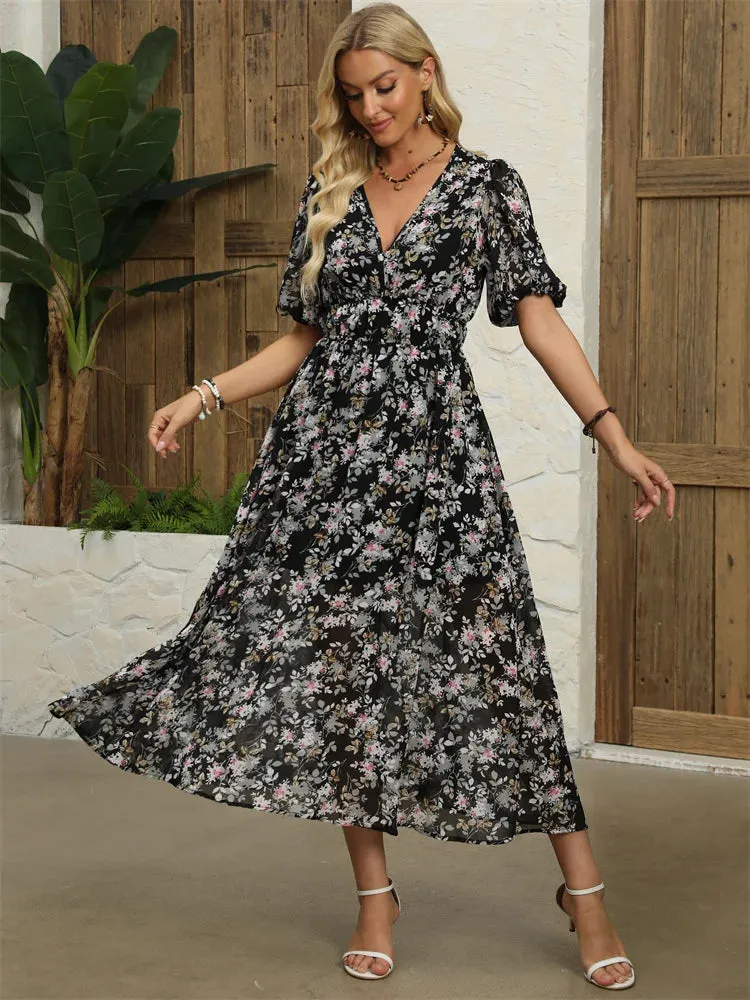 Floral Chiffon Midi Dress with V-Neck - Light and Airy