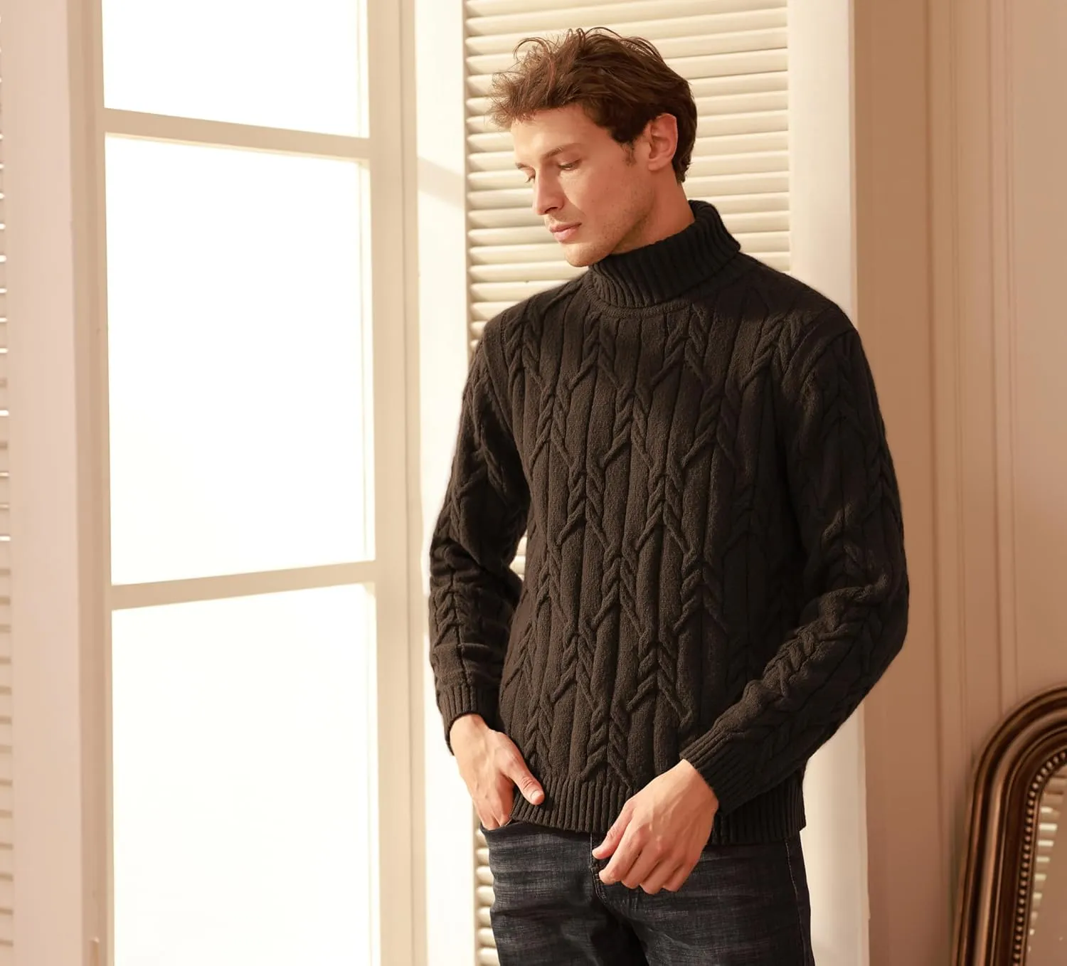 GRACE KARIN Men's Turtneck Pullover Sweaters Long Sleeve Solid Color Twisted Knit Sweater