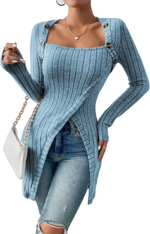 HBQ Womens Pullover Sweaters Tunic Tops to Wear With Leggings Square Neck Ribbed Knit Long Sleeve Shirts