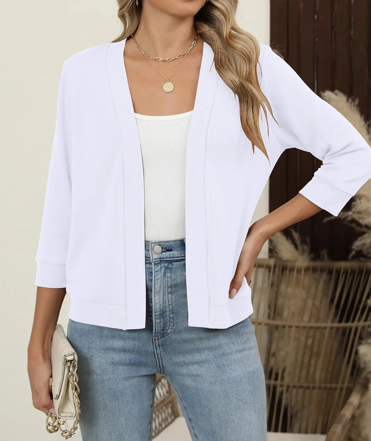 Hount Womens 3/4 Sleeve Cropped Cardigans Lightweight Casual Open Front Bolero Shrugs Sweaters