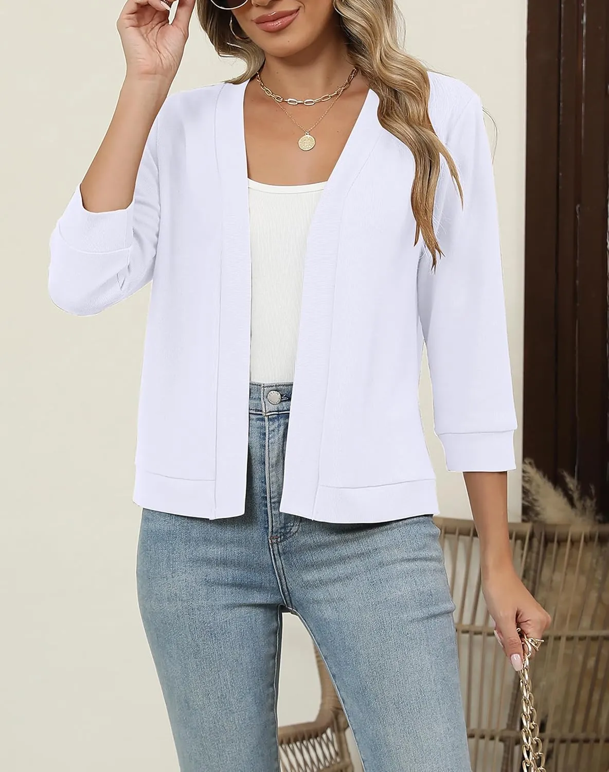 Hount Womens 3/4 Sleeve Cropped Cardigans Lightweight Casual Open Front Bolero Shrugs Sweaters