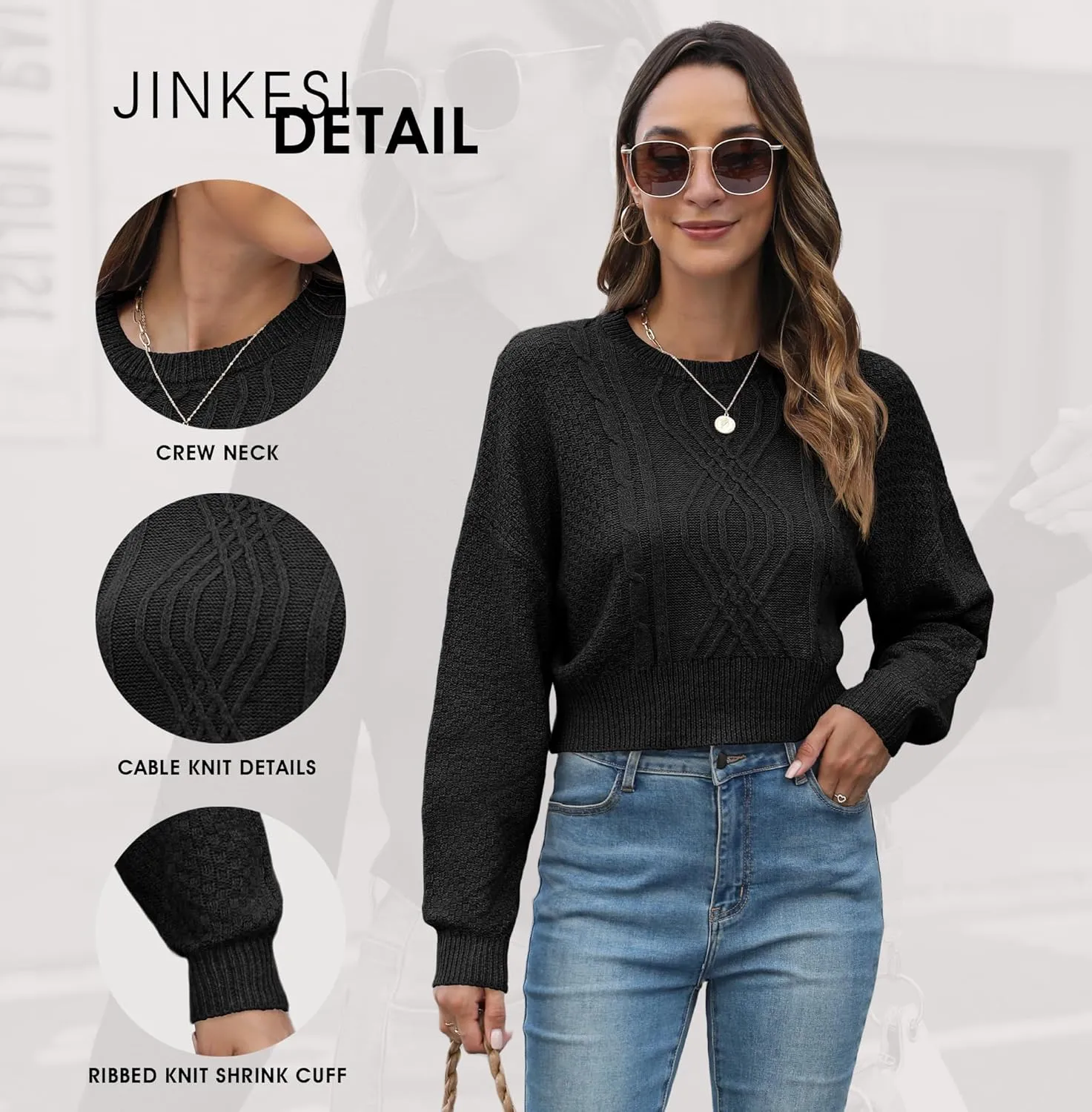 JINKESI Women's Crewneck Long Sleeve Cropped Sweater 2024 Fall Trendy Casual Soft Ribbed Knit Pullover Jumper Tops