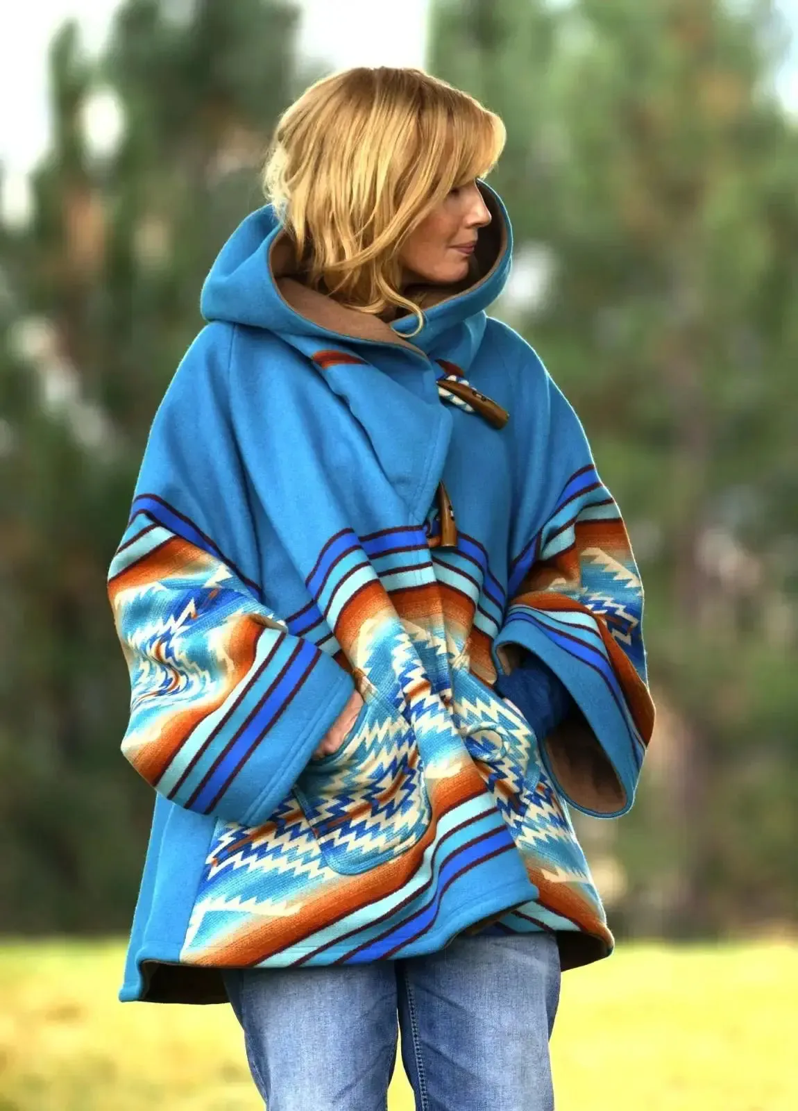 Kelly Reilly Yellowstone Blue Hooded Fleece Coat