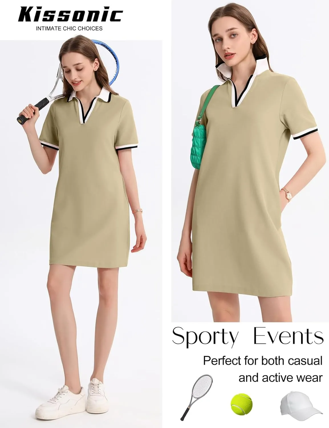 Kissonic Polo Dress for Women V Neck Short Sleeve Flowy Contrast Color Golf Tennis A Line T Shirt Dresses
