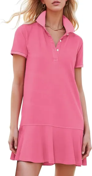 Kissonic Women's Polo Dress Short Sleeve V Neck Ruffle Hem Casual Summer Golf Tennis Mini Shirt Dresses