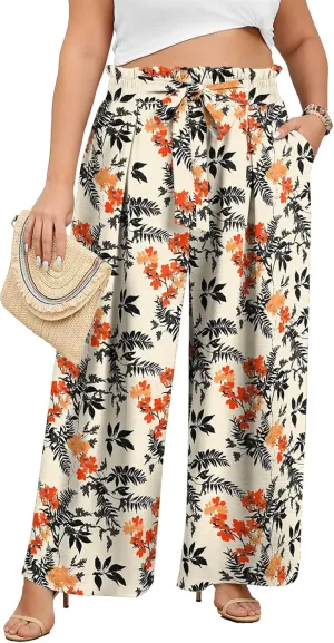 Lastshe Women's Plus Size Pants Wide Leg Work Casual Palazzo Pants Elastic High Waisted Dressy Trousers with Pockets
