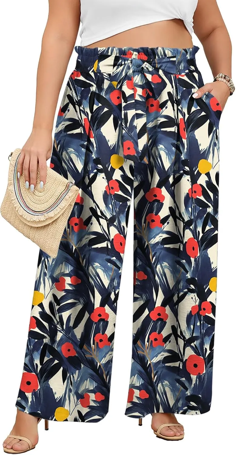 Lastshe Women's Plus Size Pants Wide Leg Work Casual Palazzo Pants Elastic High Waisted Dressy Trousers with Pockets