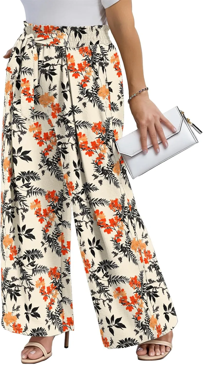 Lastshe Women's Plus Size Pants Wide Leg Work Casual Palazzo Pants Elastic High Waisted Dressy Trousers with Pockets