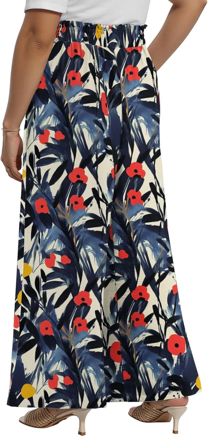Lastshe Women's Plus Size Pants Wide Leg Work Casual Palazzo Pants Elastic High Waisted Dressy Trousers with Pockets