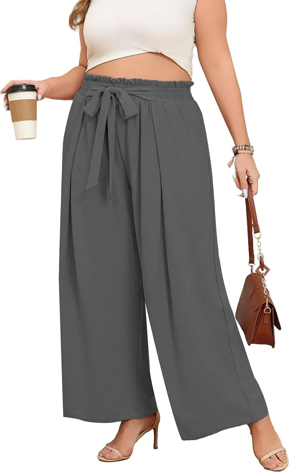 Lastshe Women's Plus Size Pants Wide Leg Work Casual Palazzo Pants Elastic High Waisted Dressy Trousers with Pockets