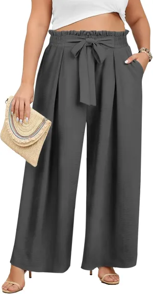 Lastshe Women's Plus Size Pants Wide Leg Work Casual Palazzo Pants Elastic High Waisted Dressy Trousers with Pockets