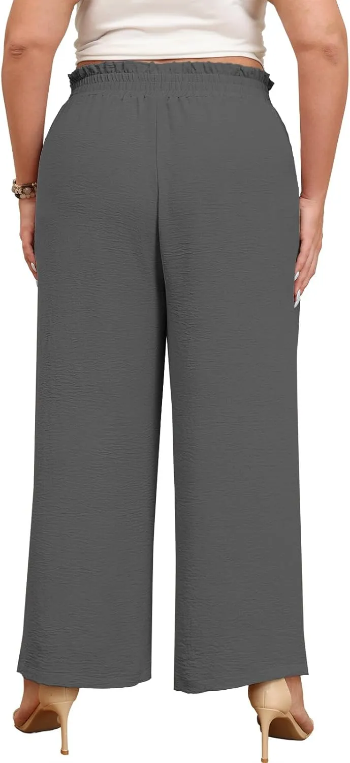 Lastshe Women's Plus Size Pants Wide Leg Work Casual Palazzo Pants Elastic High Waisted Dressy Trousers with Pockets