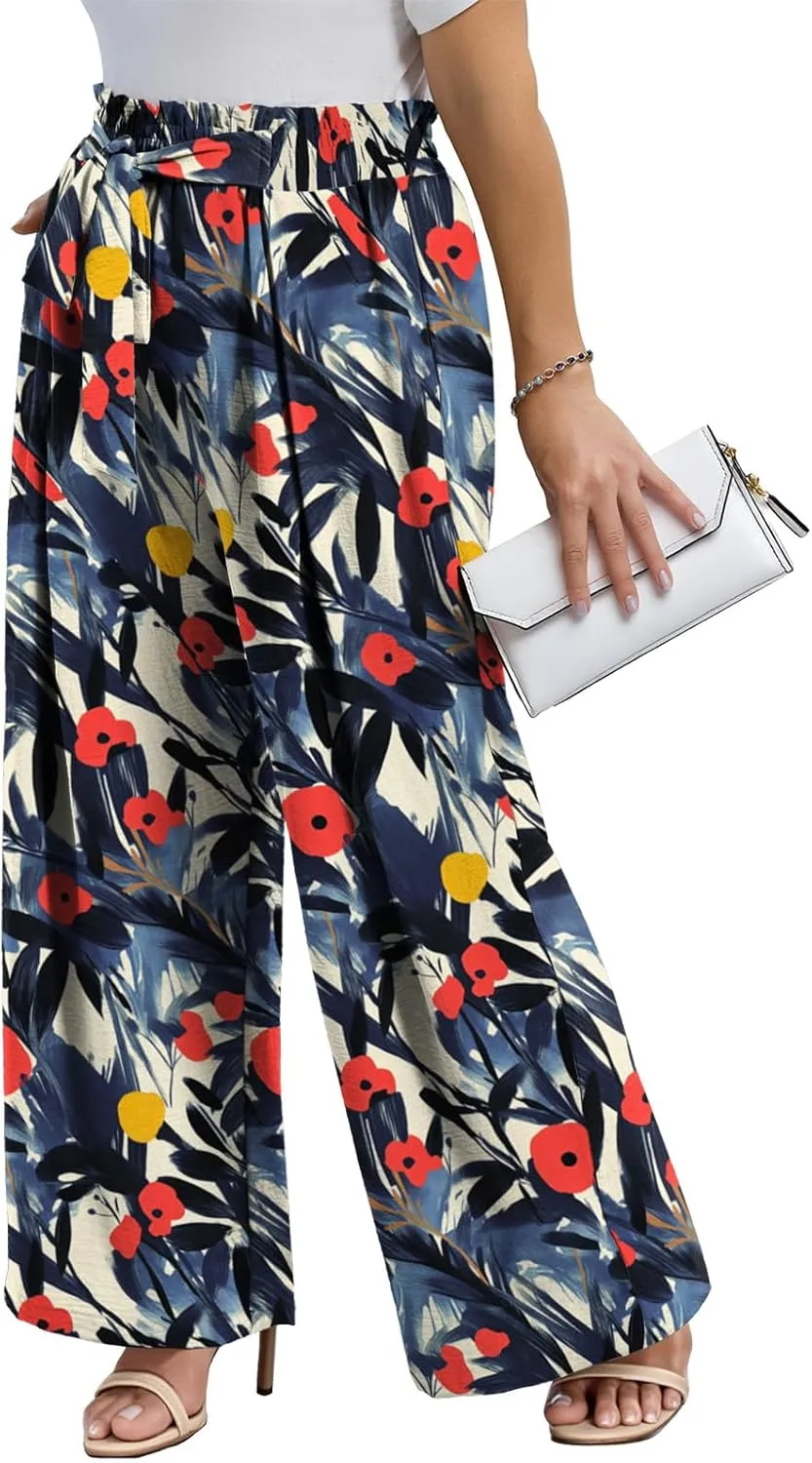 Lastshe Women's Plus Size Pants Wide Leg Work Casual Palazzo Pants Elastic High Waisted Dressy Trousers with Pockets