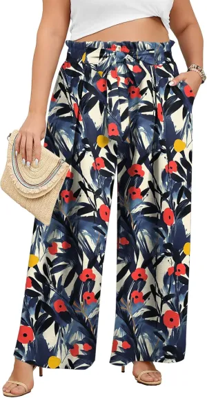 Lastshe Women's Plus Size Pants Wide Leg Work Casual Palazzo Pants Elastic High Waisted Dressy Trousers with Pockets