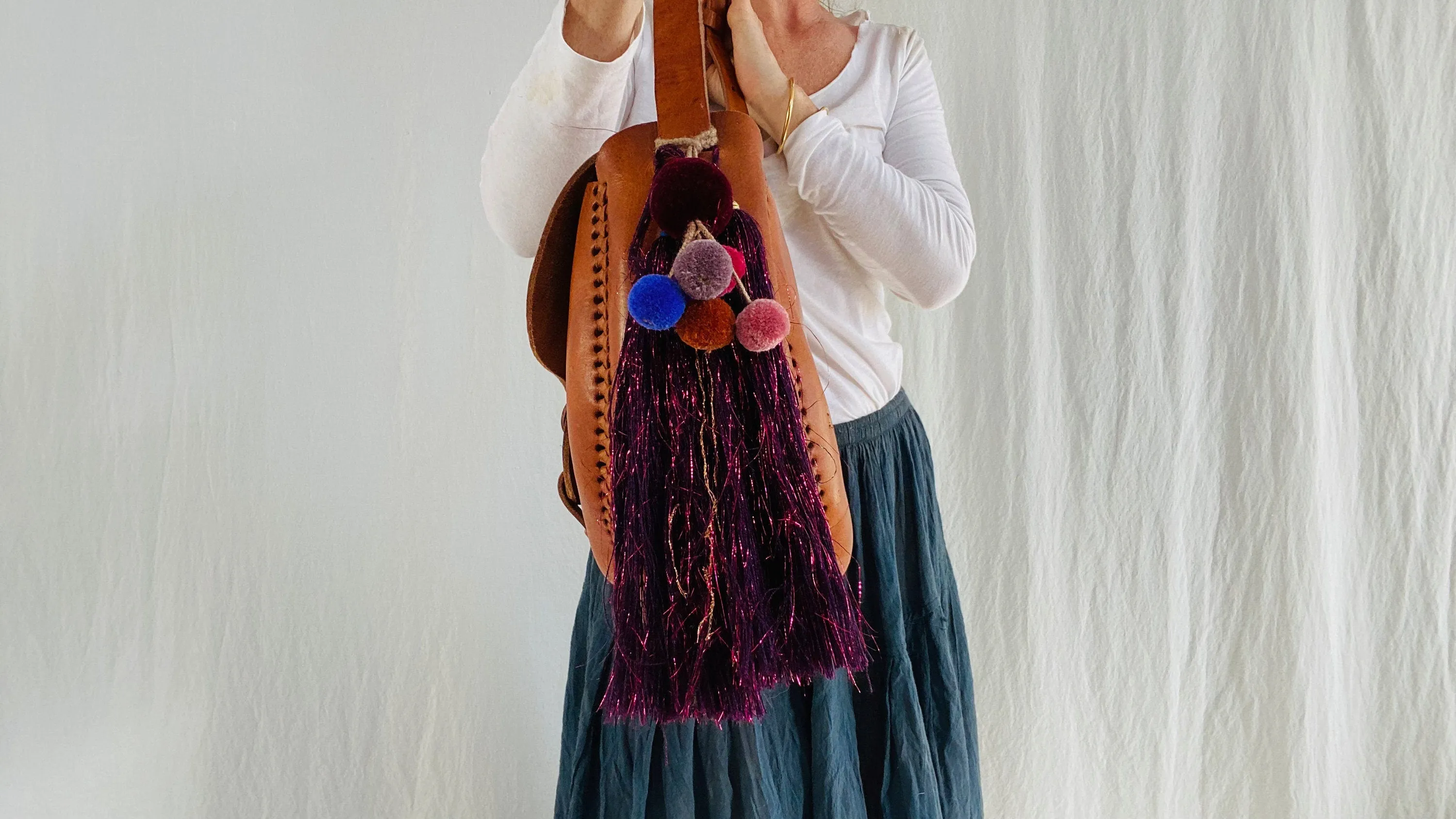 Leather Bag. Adjustable Strap. Sparkly Tassels!
