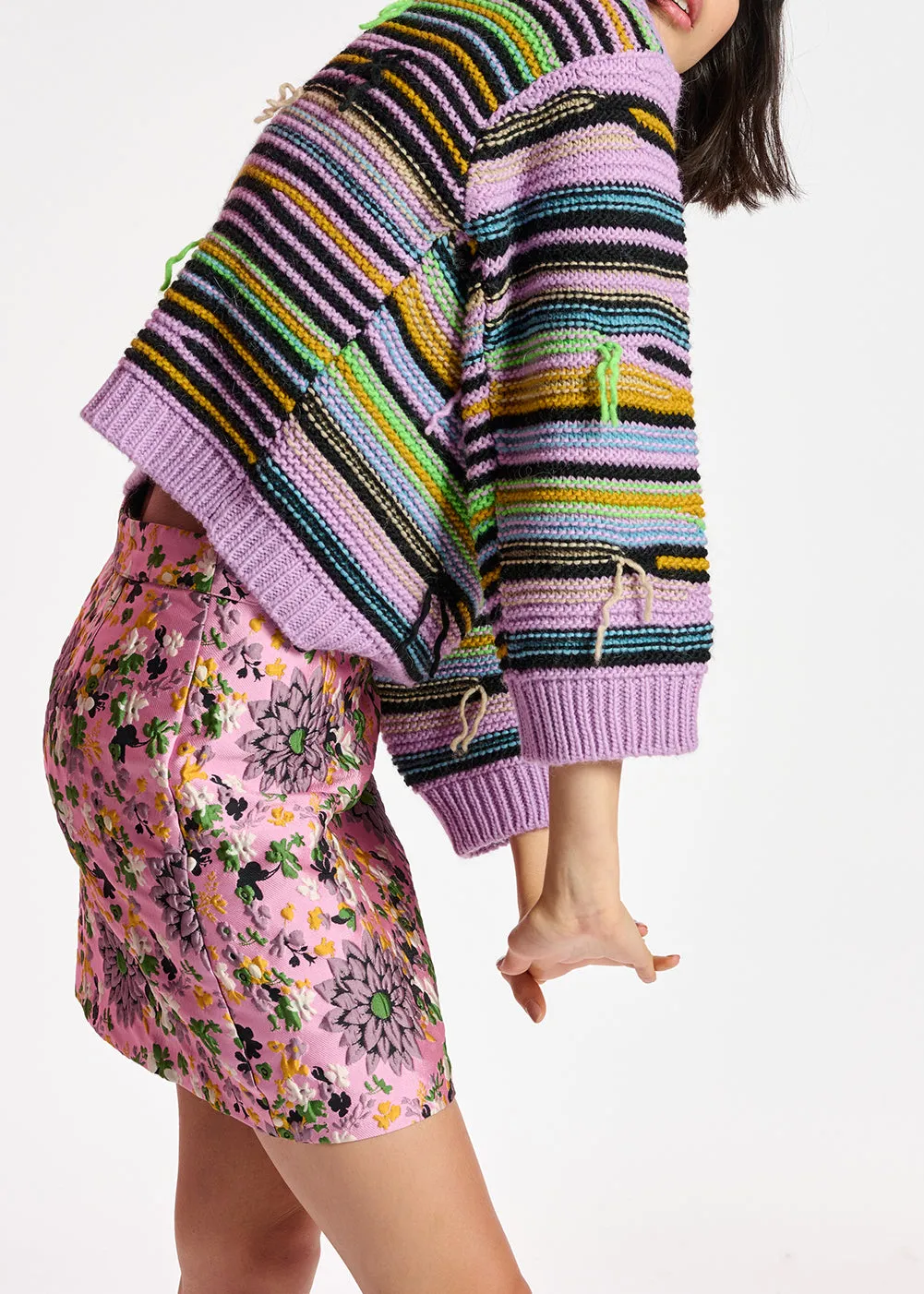 Lilac striped knit sweater with inside-out look