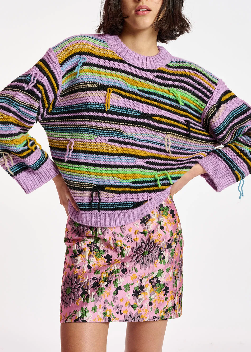 Lilac striped knit sweater with inside-out look