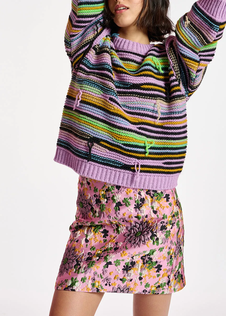 Lilac striped knit sweater with inside-out look