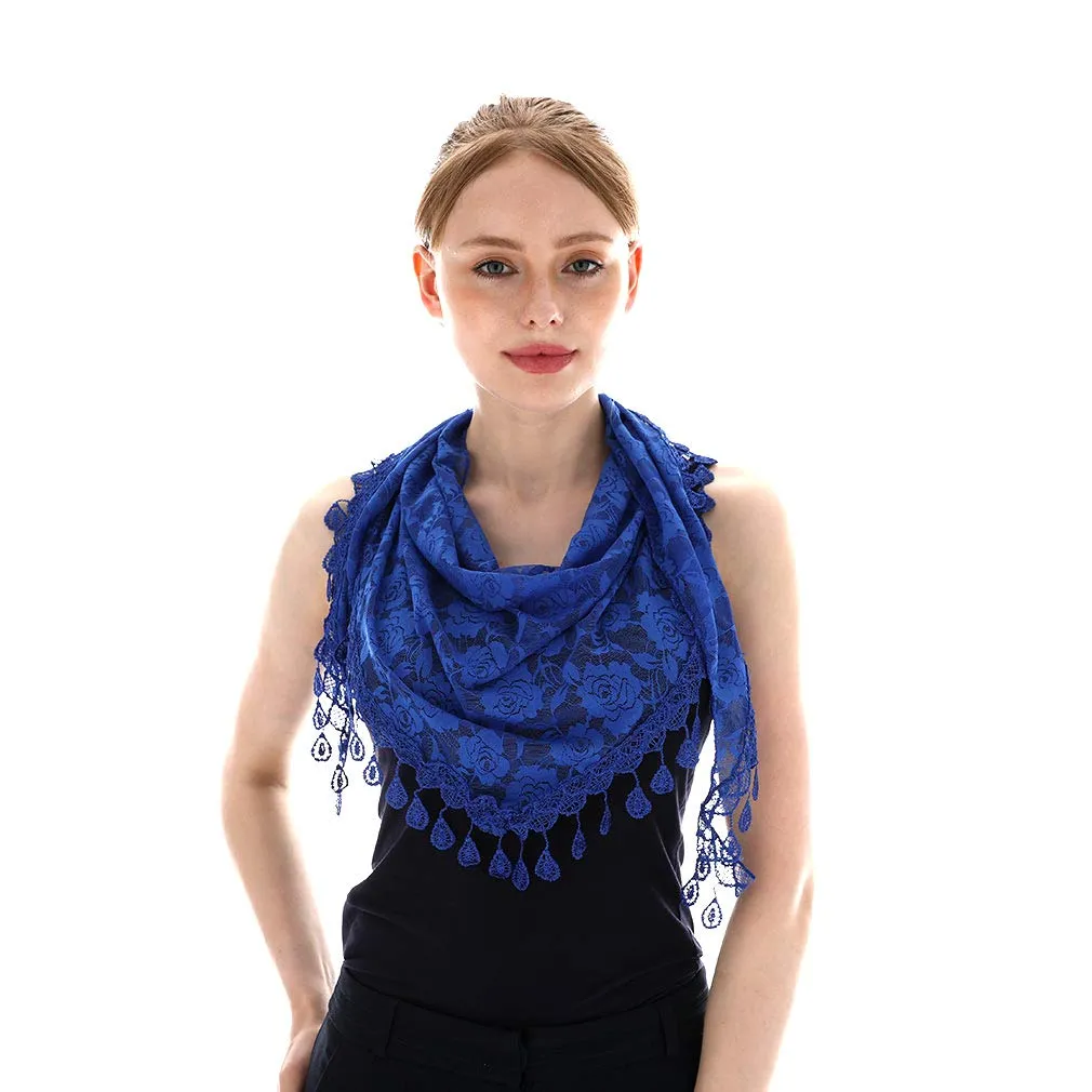 LMVERNA Triangle Mass Veil for Women Lace Mantilla Scarf Lightweight Tassel Scarf Fashion Floral Shawls and Wraps (Blue)