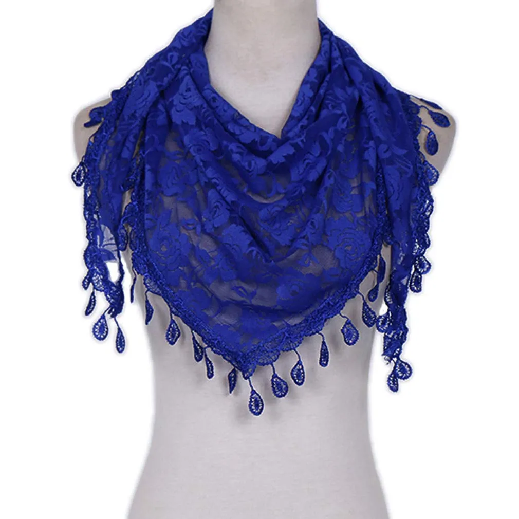 LMVERNA Triangle Mass Veil for Women Lace Mantilla Scarf Lightweight Tassel Scarf Fashion Floral Shawls and Wraps (Blue)