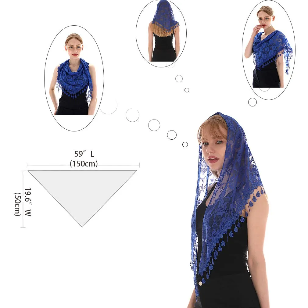 LMVERNA Triangle Mass Veil for Women Lace Mantilla Scarf Lightweight Tassel Scarf Fashion Floral Shawls and Wraps (Blue)