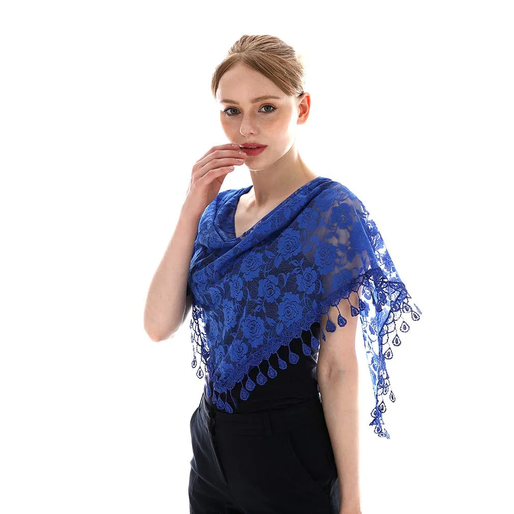 LMVERNA Triangle Mass Veil for Women Lace Mantilla Scarf Lightweight Tassel Scarf Fashion Floral Shawls and Wraps (Blue)