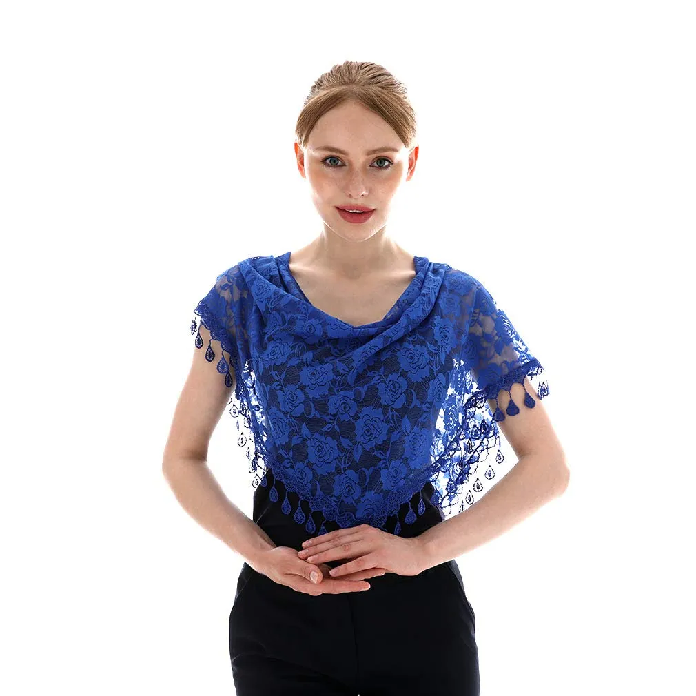 LMVERNA Triangle Mass Veil for Women Lace Mantilla Scarf Lightweight Tassel Scarf Fashion Floral Shawls and Wraps (Blue)