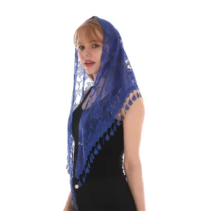 LMVERNA Triangle Mass Veil for Women Lace Mantilla Scarf Lightweight Tassel Scarf Fashion Floral Shawls and Wraps (Blue)