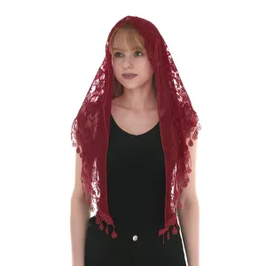 LMVERNA Women Triangle Fringed Headscarf Fashion Lace Mass Veils Lightweight Long Printed Scarf (Maroon)