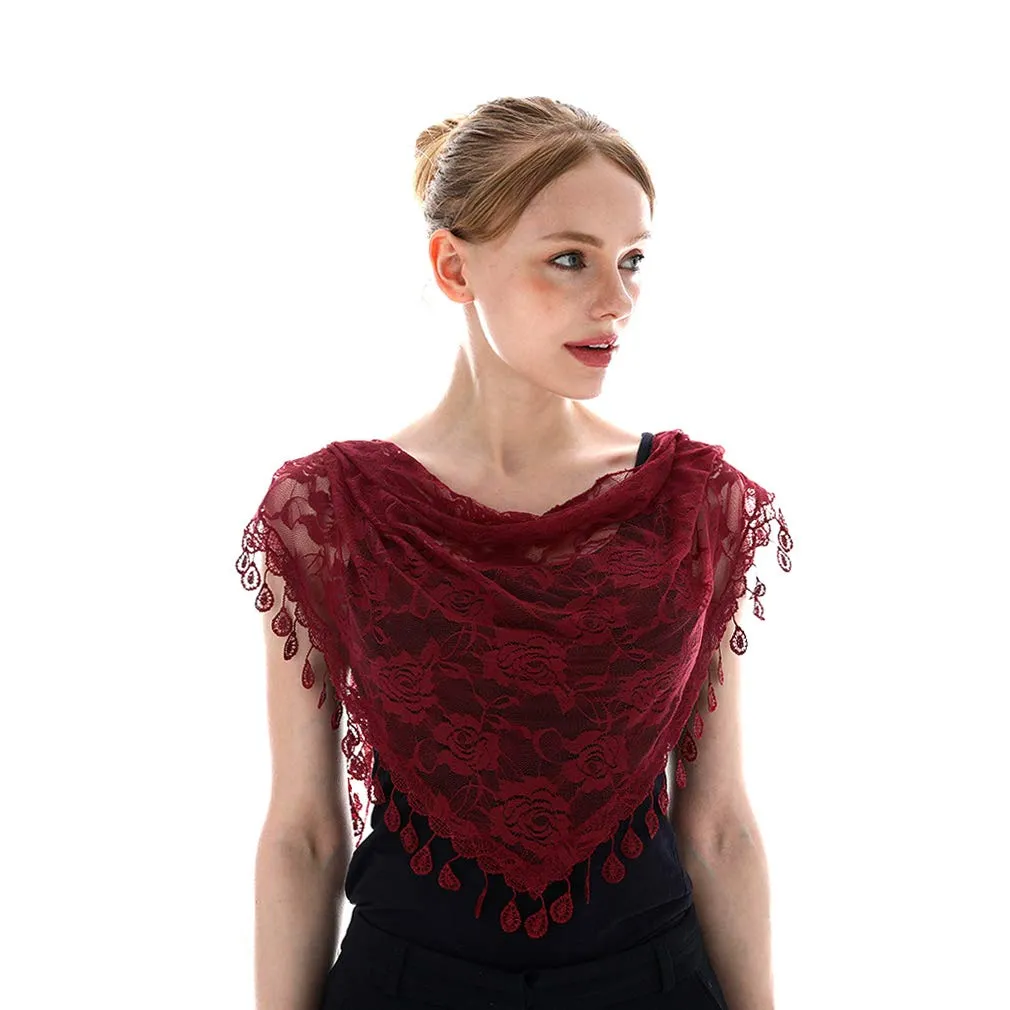 LMVERNA Women Triangle Fringed Headscarf Fashion Lace Mass Veils Lightweight Long Printed Scarf (Maroon)