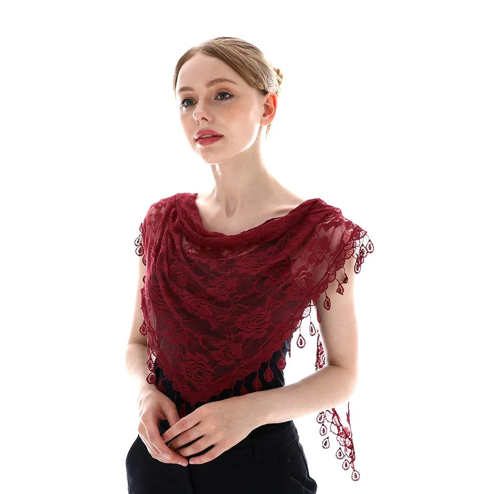 LMVERNA Women Triangle Fringed Headscarf Fashion Lace Mass Veils Lightweight Long Printed Scarf (Maroon)