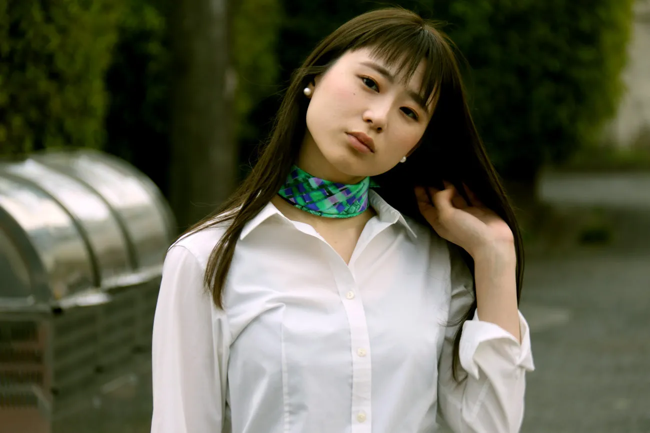 < Limited Edition >  Green / Purple Silk Twill Scarf "Ceci n'est pas un vetement" 45x45cm