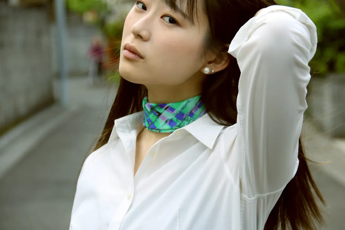 < Limited Edition >  Green / Purple Silk Twill Scarf "Ceci n'est pas un vetement" 45x45cm