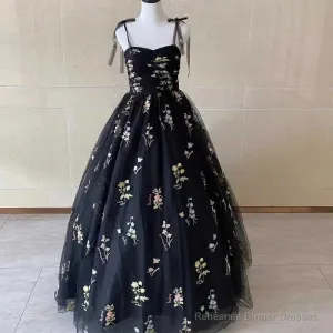 Luxury Floral Embroidery Long Black Prom Evening Dresses Women Summer Party Formal Occasions Reception Dress