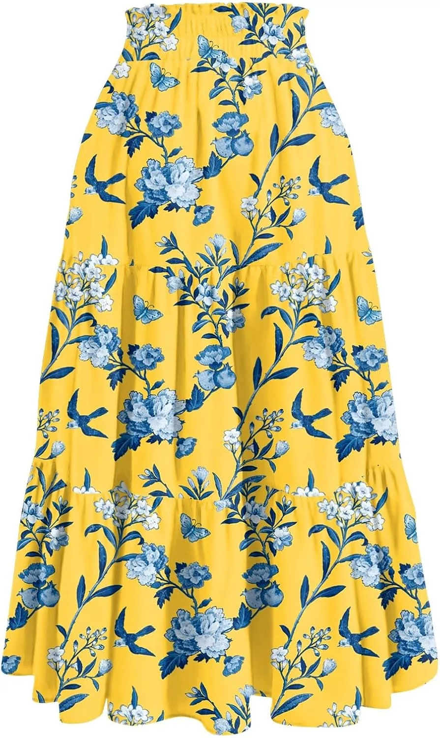 Maxi Skirts for Women Drawstring High Waisted Ruffle Tiered Floral Long Skirts with Pockets Summer Boho Vacation Outfits