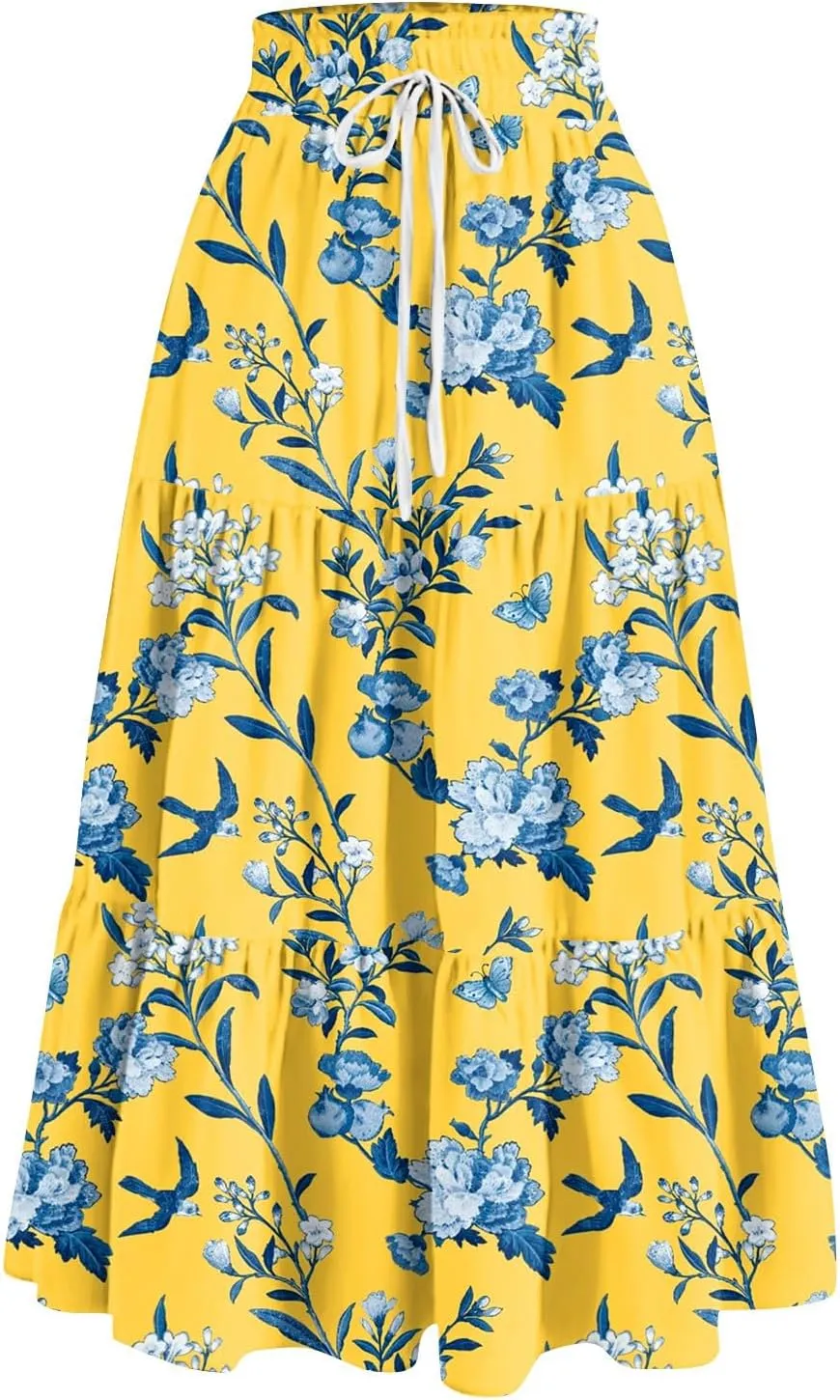 Maxi Skirts for Women Drawstring High Waisted Ruffle Tiered Floral Long Skirts with Pockets Summer Boho Vacation Outfits