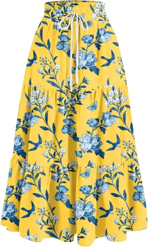 Maxi Skirts for Women Drawstring High Waisted Ruffle Tiered Floral Long Skirts with Pockets Summer Boho Vacation Outfits