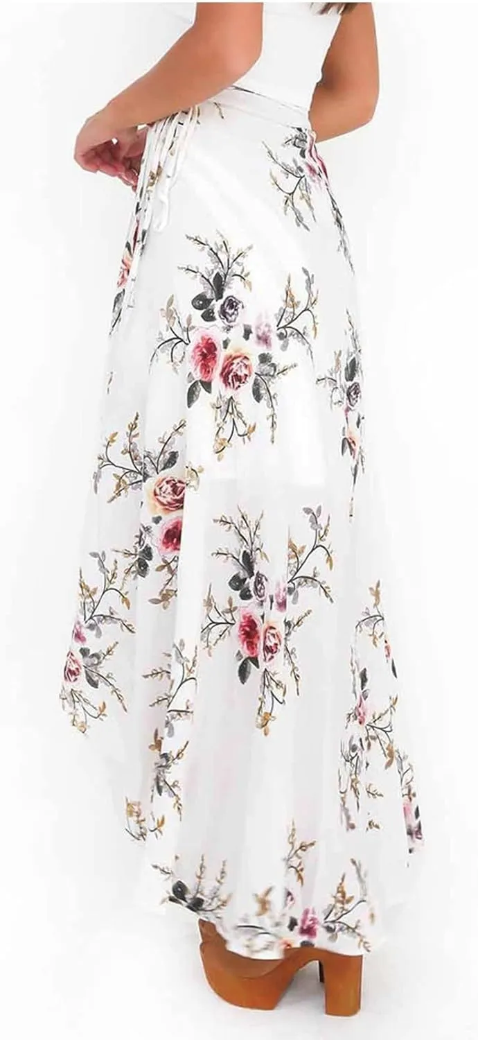 Maxi Skirts for Women Summer Floral Print Hight Waisted Boho Skirt with Split Tie Up Wrap Long Skirt Beach Vacation Clothes
