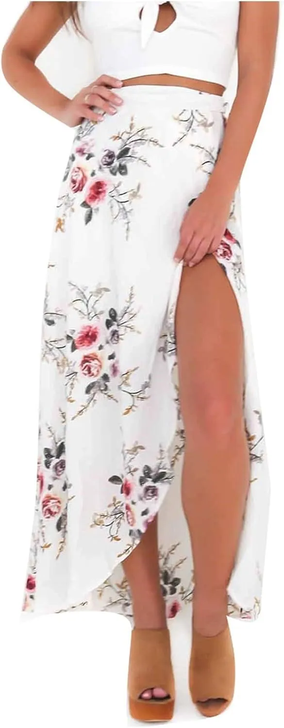 Maxi Skirts for Women Summer Floral Print Hight Waisted Boho Skirt with Split Tie Up Wrap Long Skirt Beach Vacation Clothes