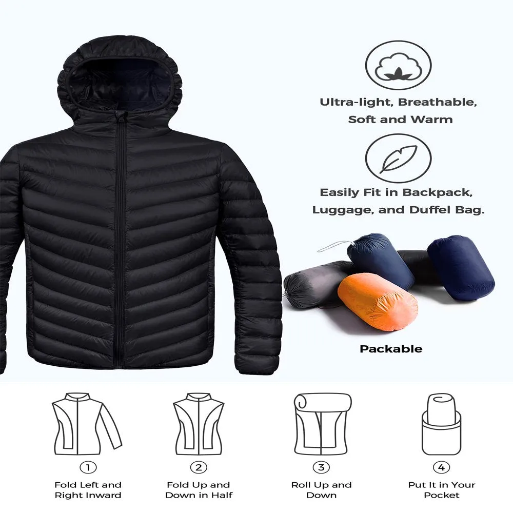 Men's Big and Tall Puffer Jacket Hooded Lightweight Spring Jacket Insulated Puffy Coat Black XL