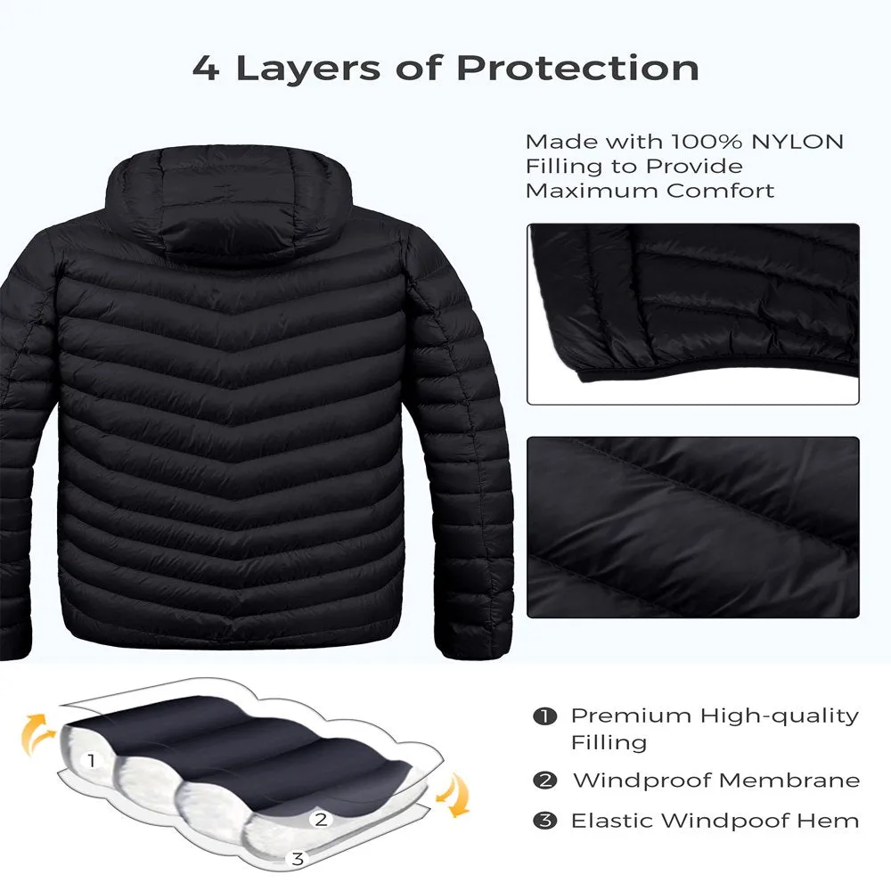 Men's Big and Tall Puffer Jacket Hooded Lightweight Spring Jacket Insulated Puffy Coat Black XL