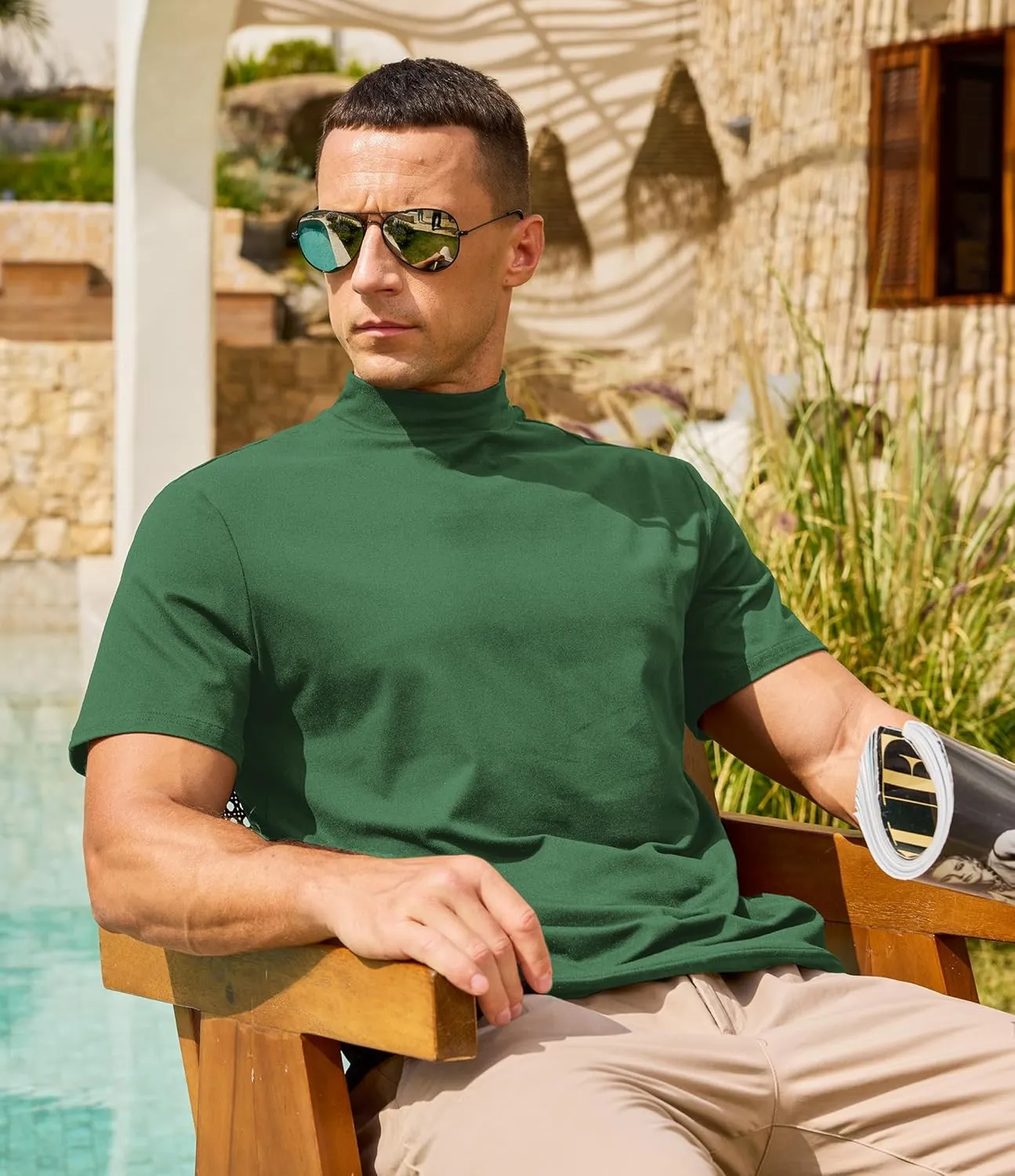 Men's Mock Turtleneck Short Sleeve Soft Lightweight Casual Basic T-Shirts Solid Pullover Tops