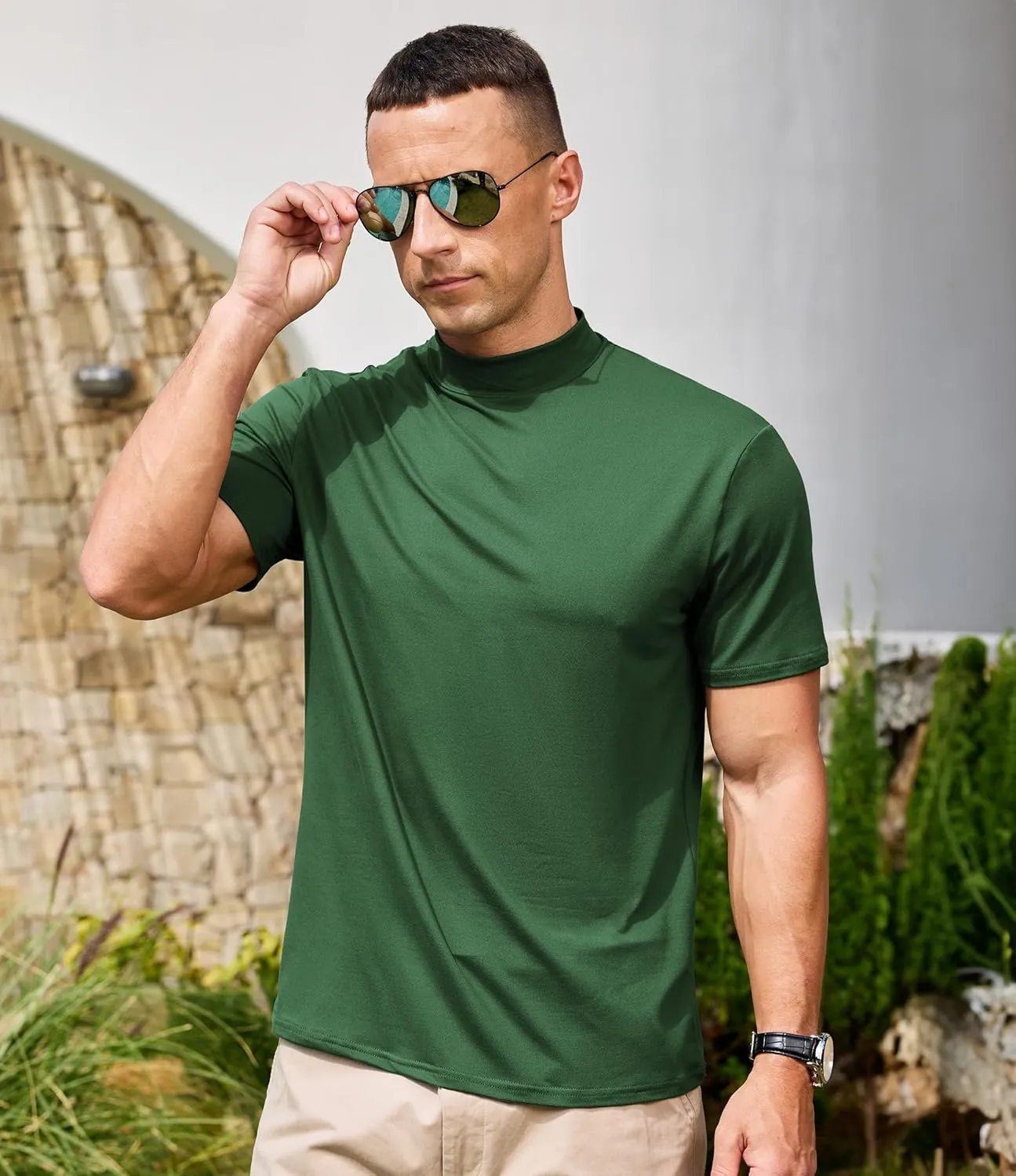 Men's Mock Turtleneck Short Sleeve Soft Lightweight Casual Basic T-Shirts Solid Pullover Tops