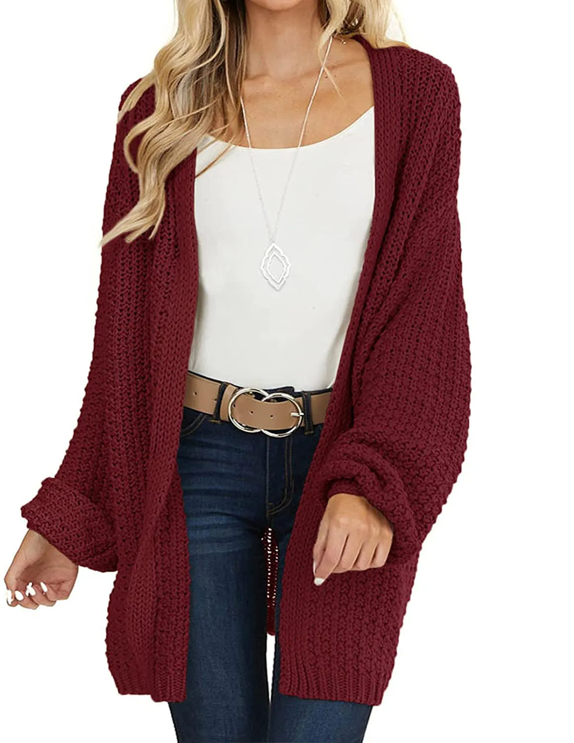 MEROKEETY 2023 Chunky Knit Lantern Sleeve Cardigan