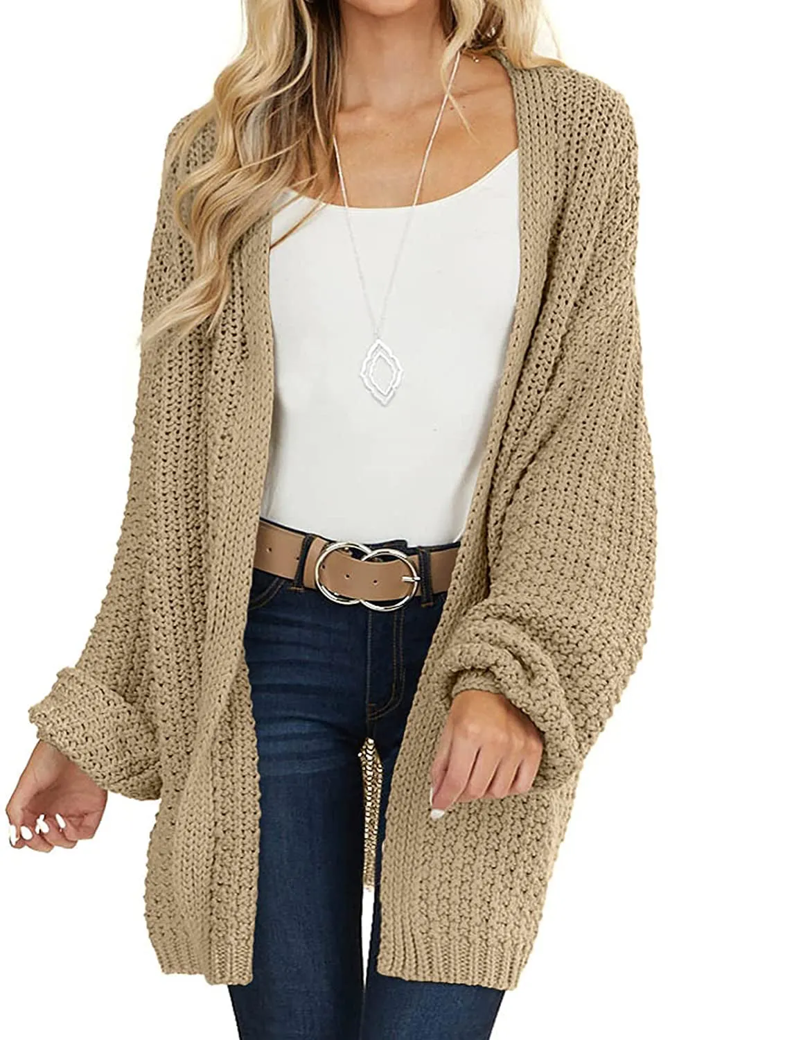 MEROKEETY 2023 Chunky Knit Lantern Sleeve Cardigan